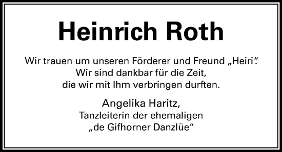 Traueranzeige von Heinrich Roth von Aller Zeitung