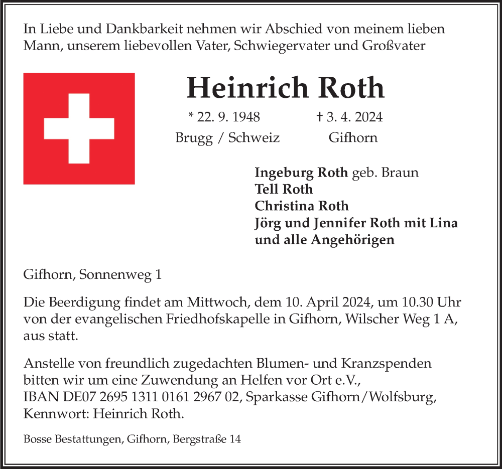  Traueranzeige für Heinrich Roth vom 06.04.2024 aus Aller Zeitung