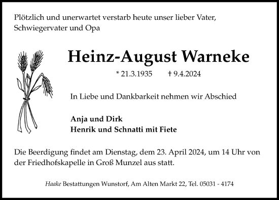 Traueranzeige von Heinz-August Warneke von Hannoversche Allgemeine Zeitung/Neue Presse