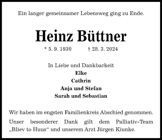 Traueranzeige von Heinz Büttner von Kieler Nachrichten