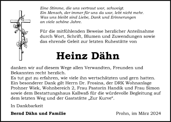 Traueranzeige von Heinz Dähn von Ostsee-Zeitung GmbH