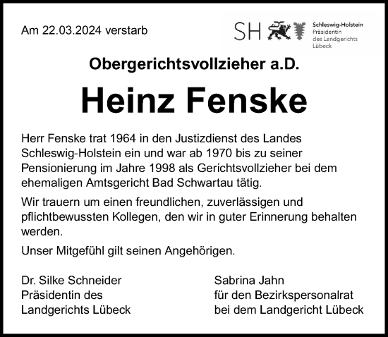 Traueranzeige von Heinz Fenske von Lübecker Nachrichten