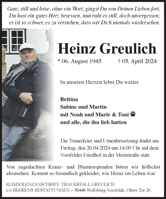 Traueranzeige von Heinz Greulich von Aller Zeitung