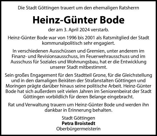 Traueranzeige von Heinz-Günter Bode von Göttinger Tageblatt