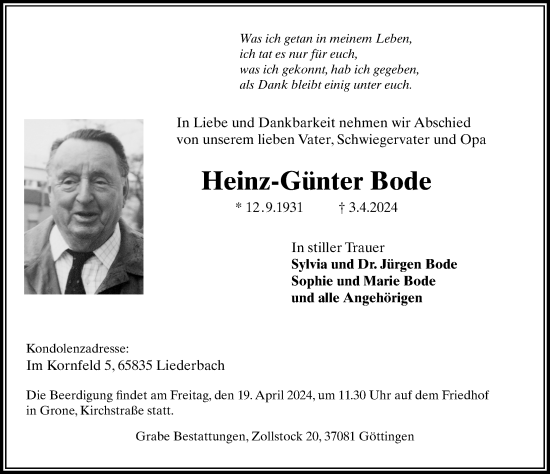 Traueranzeige von Heinz-Günter Bode von Göttinger Tageblatt