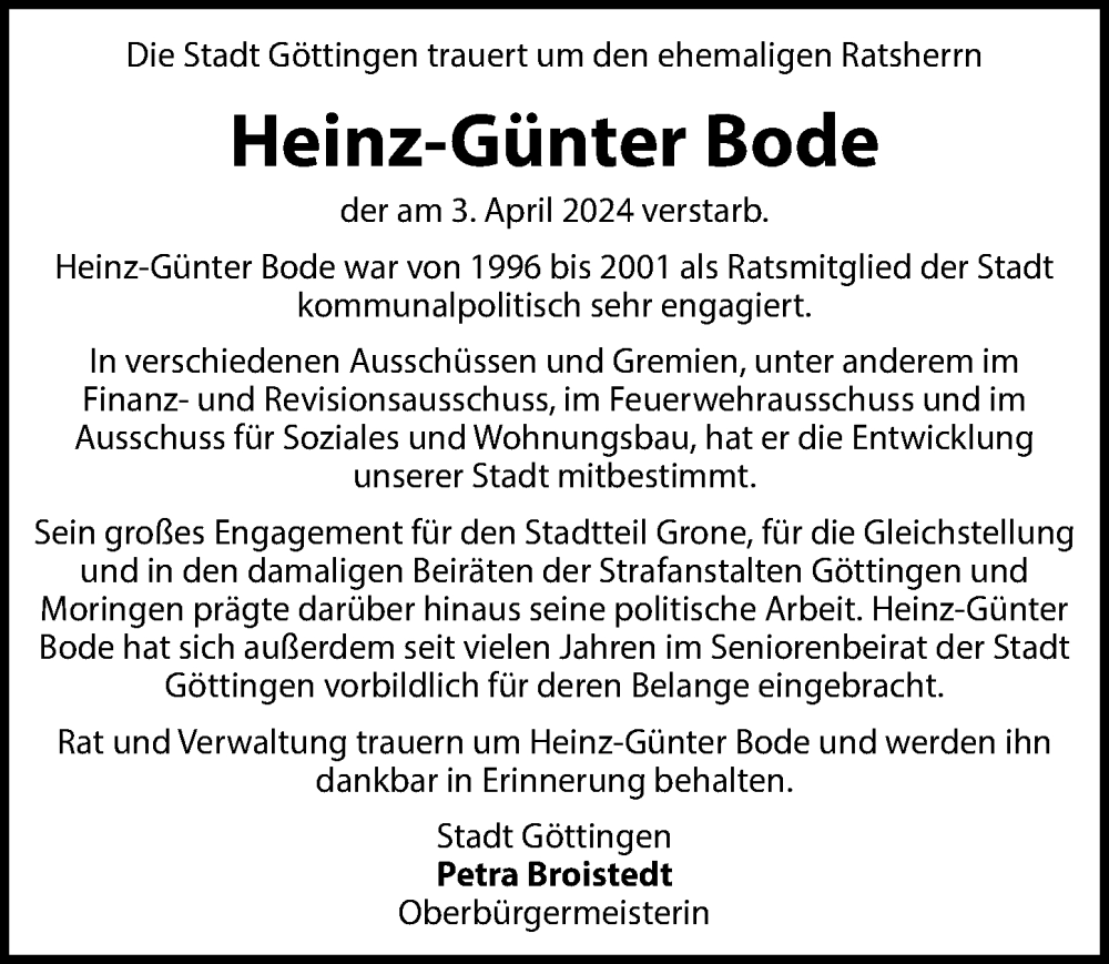  Traueranzeige für Heinz-Günter Bode vom 13.04.2024 aus Göttinger Tageblatt