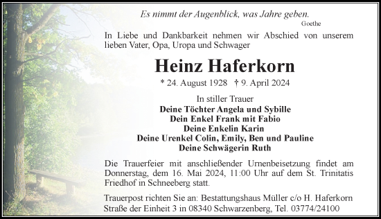 Traueranzeige von Heinz Haferkorn von Leipziger Volkszeitung