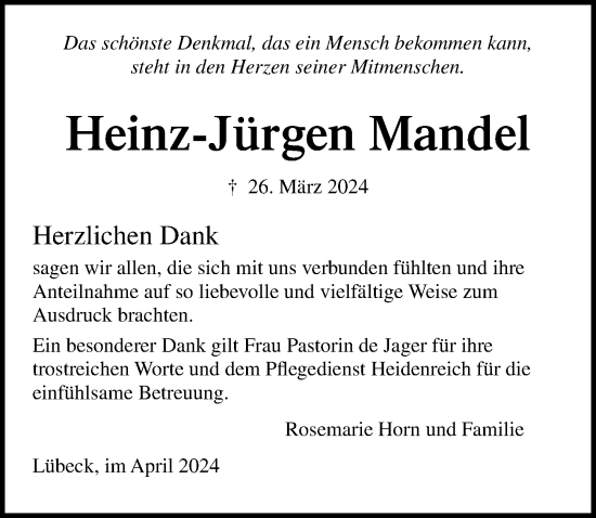 Traueranzeige von Heinz-Jürgen Mandel von Lübecker Nachrichten