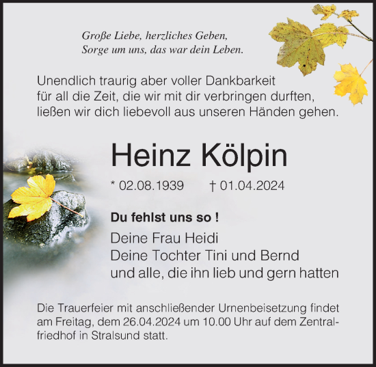 Traueranzeige von Heinz Kölpin von Ostsee-Zeitung GmbH