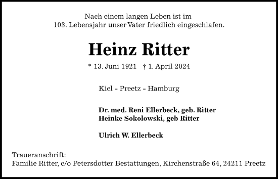 Traueranzeige von Heinz Ritter von Kieler Nachrichten