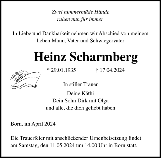 Traueranzeige von Heinz Scharmberg von Ostsee-Zeitung GmbH