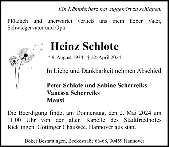 Traueranzeige von Heinz Schlote von Hannoversche Allgemeine Zeitung/Neue Presse