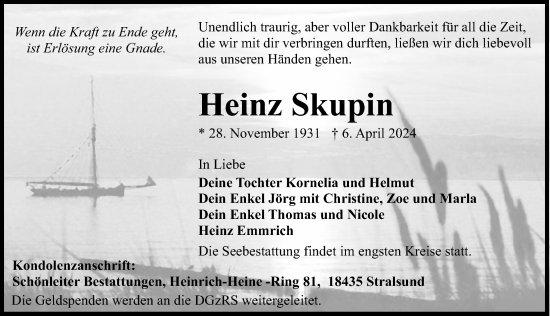 Traueranzeige von Heinz Skupin von Ostsee-Zeitung GmbH