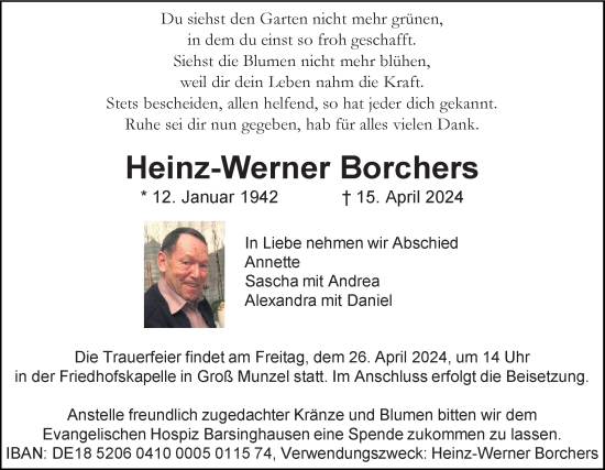 Traueranzeige von Heinz-Werner Borchers von Hannoversche Allgemeine Zeitung/Neue Presse