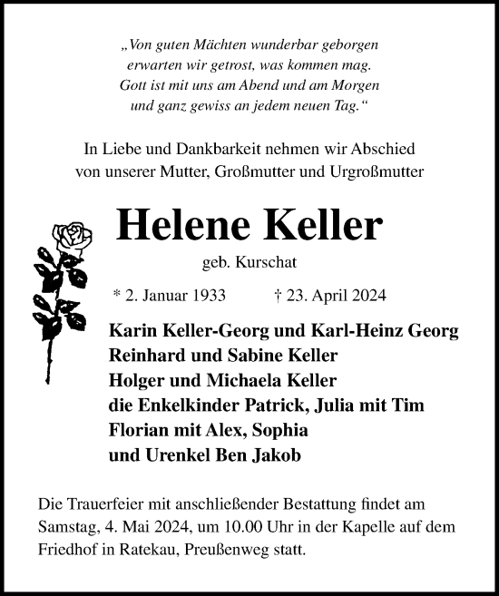 Traueranzeige von Helene Keller von Lübecker Nachrichten