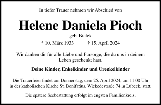 Traueranzeige von Helene Daniela Pioch von Lübecker Nachrichten