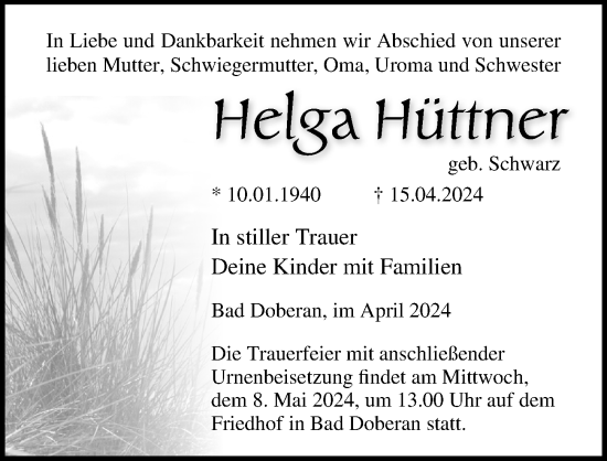 Traueranzeige von Helga Hüttner von Ostsee-Zeitung GmbH