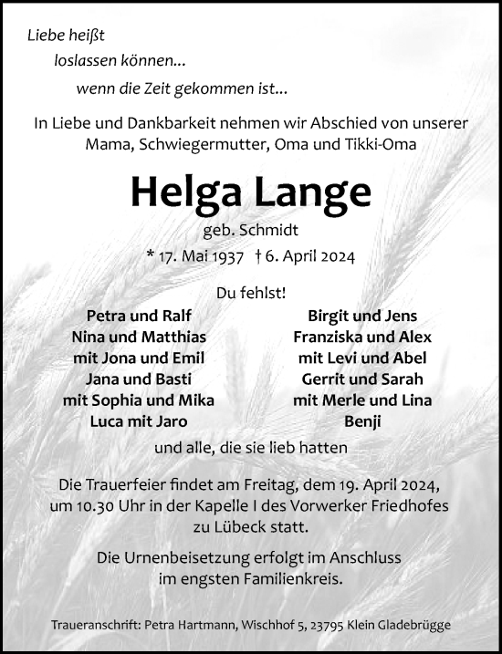 Traueranzeige von Helga Lange von Lübecker Nachrichten