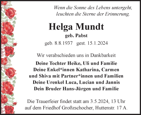 Traueranzeige von Helga Mundt von Leipziger Volkszeitung