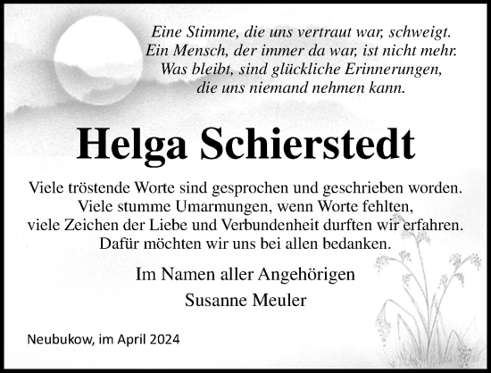 Traueranzeige von Helga Schierstedt von Ostsee-Zeitung GmbH