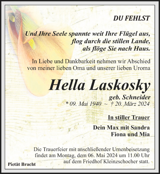 Traueranzeige von Hella Laskosky von Leipziger Volkszeitung