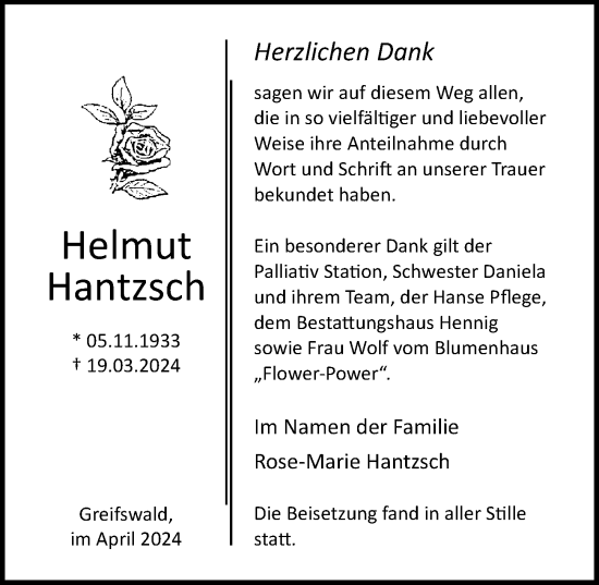 Traueranzeige von Helmut Hantzsch von Ostsee-Zeitung GmbH