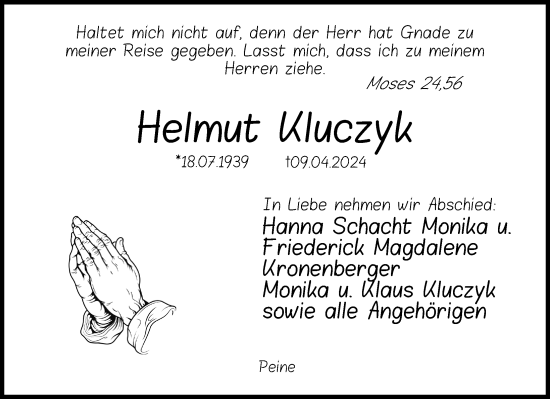 Traueranzeige von Helmut Kluczyk von Peiner Allgemeine Zeitung