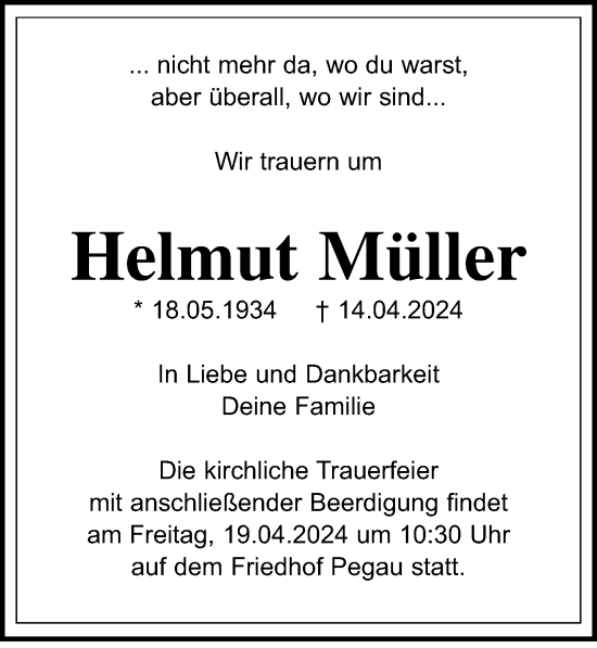 Traueranzeige von Helmut Müller von Leipziger Volkszeitung