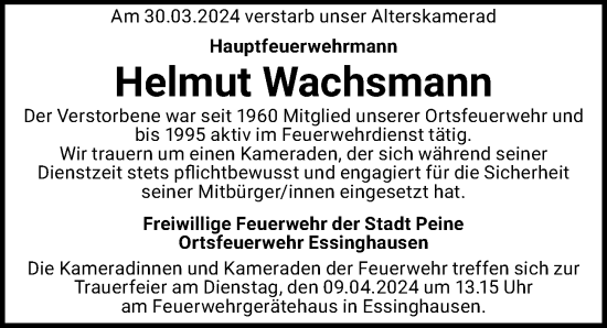 Traueranzeige von Helmut Wachsmann von Peiner Allgemeine Zeitung
