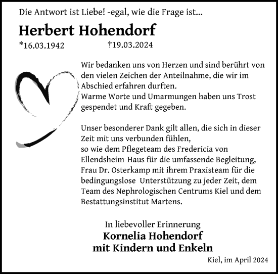 Traueranzeige von Herbert Hohendorf von Kieler Nachrichten