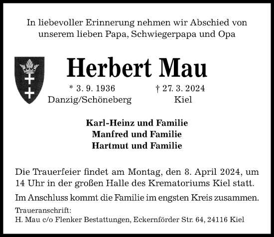 Traueranzeige von Herbert Mau von Kieler Nachrichten