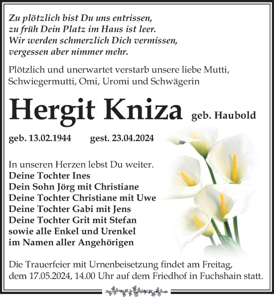 Traueranzeige von Hergit Kniza von Leipziger Volkszeitung