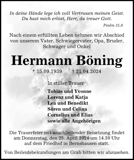 Traueranzeige von Hermann Böning von Eichsfelder Tageblatt