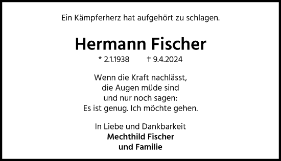 Traueranzeige von Hermann Fischer von Hannoversche Allgemeine Zeitung/Neue Presse
