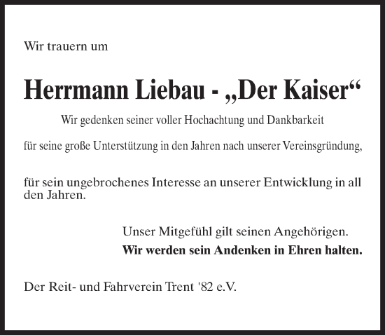Traueranzeige von Herrmann Liebau von Ostsee-Zeitung GmbH