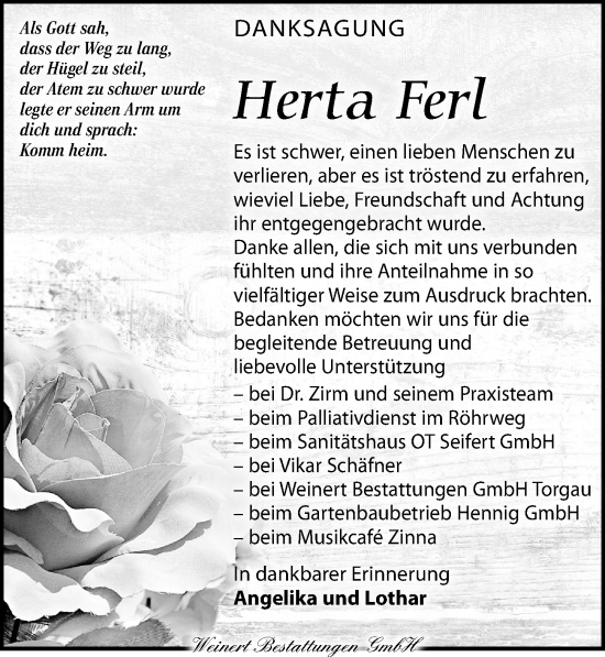 Traueranzeige von Herta Ferl von Torgauer Zeitung