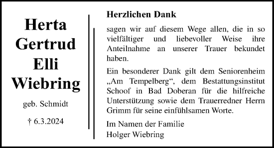 Traueranzeige von Herta Gertrud Elli Wiebring von Ostsee-Zeitung GmbH