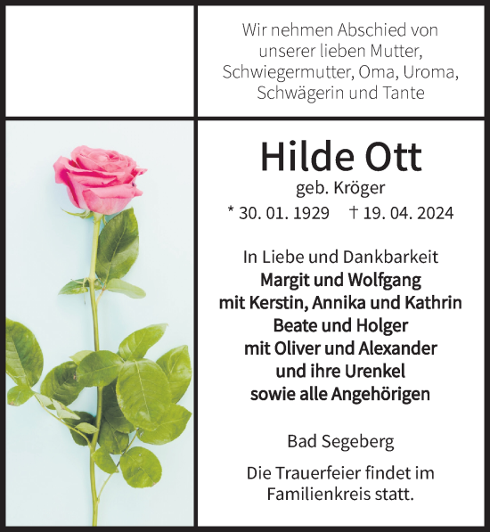 Traueranzeige von Hilde Ott von Lübecker Nachrichten