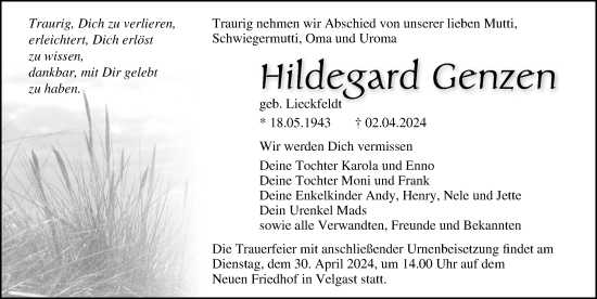 Traueranzeige von Hildegard Genzen von Ostsee-Zeitung GmbH