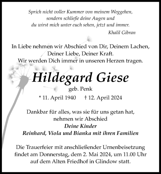 Traueranzeige von Hildegard Giese von Märkischen Allgemeine Zeitung