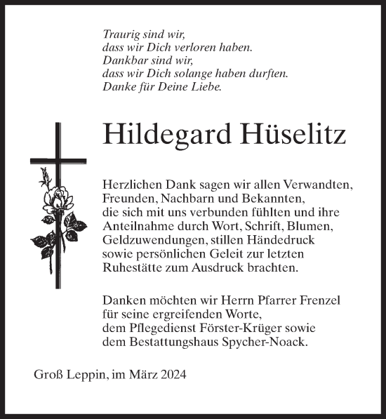 Traueranzeige von Hildegard Hüselitz von Wochenspiegel