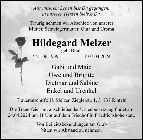 Traueranzeige von Hildegard Melzer von Schaumburger Nachrichten und Schaumburger Zeitung/ Landes-Zeitung