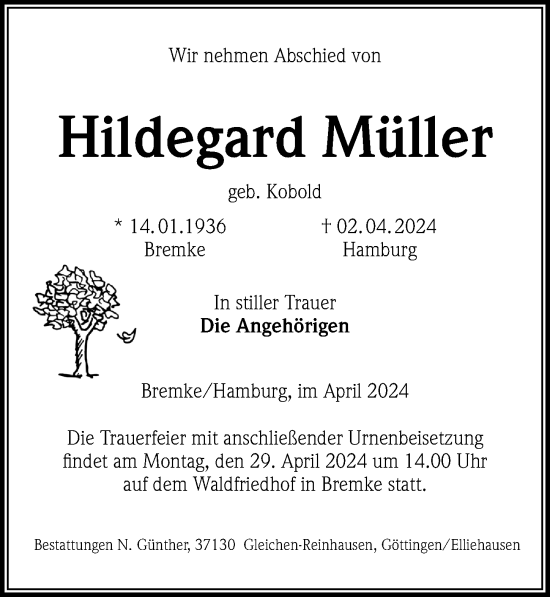Traueranzeige von Hildegard Müller von Göttinger Tageblatt