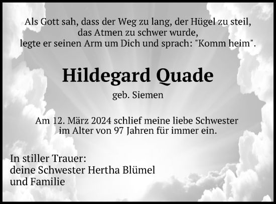 Traueranzeige von Hildegard Quade von Ostsee-Zeitung GmbH