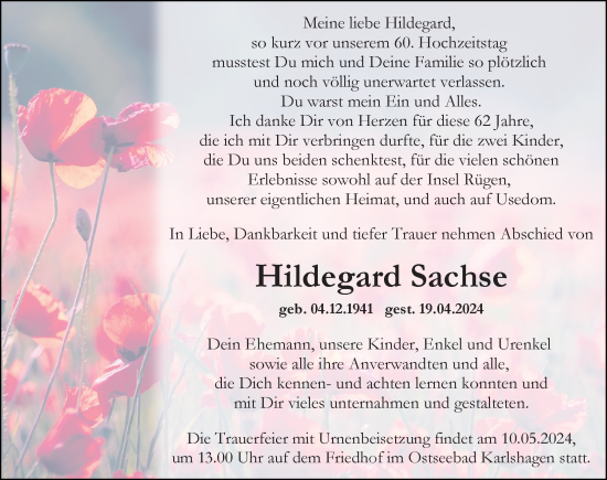 Traueranzeige von Hildegard Sachse von Ostsee-Zeitung GmbH