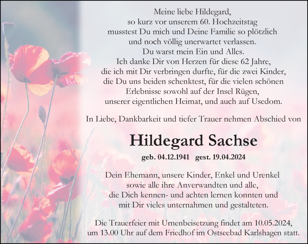  Traueranzeige für Hildegard Sachse vom 27.04.2024 aus Ostsee-Zeitung GmbH