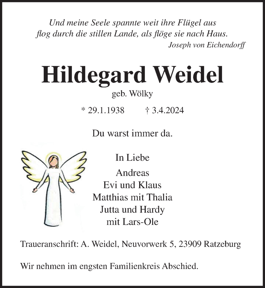  Traueranzeige für Hildegard Weidel vom 14.04.2024 aus Lübecker Nachrichten