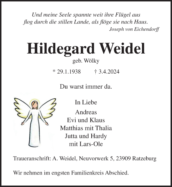 Traueranzeige von Hildegard Weidel von Lübecker Nachrichten