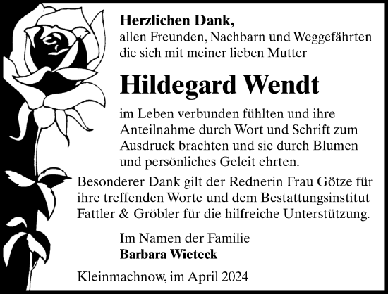 Traueranzeige von Hildegard Wendt von Märkischen Allgemeine Zeitung