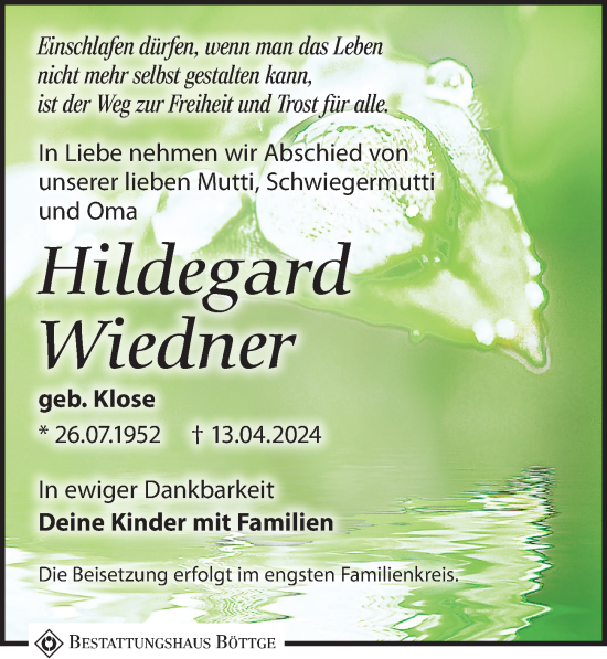 Traueranzeige von Hildegard Wiedner von Leipziger Volkszeitung